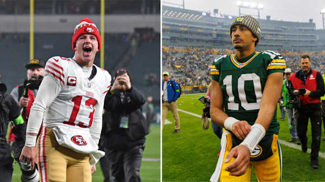 Brock Purdy yells; Jordan Love walks off the field adjusting his wrist wrap